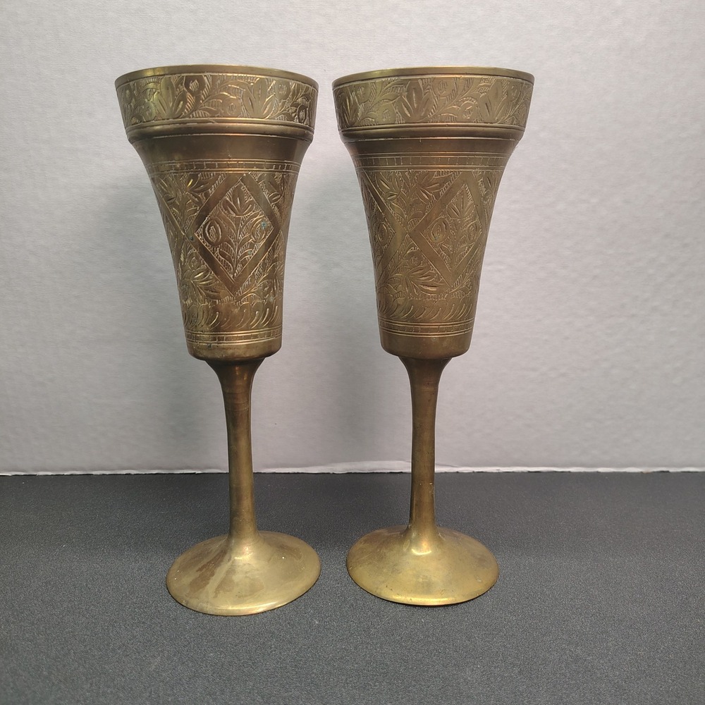 Brass Goblets Gold Etched Vintage Chalice Set of 2 Carved